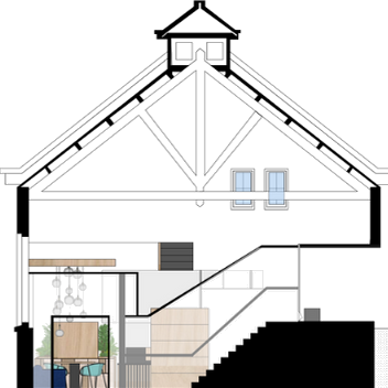 Doorsnede CC — het bijgebouw met zadeldak