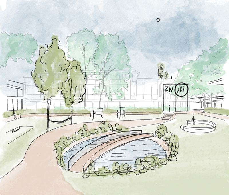 Schets van de openbare ruimte als stadspark, met ZW.ART-bord en waterpartij